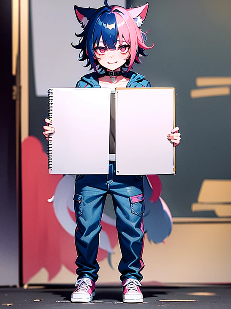 1boy, solo, cat boy, (two tails, blue tails, fluffy tail), solo, short hair, curly hair, brown hair, long bangs, multicolored bangs, (green hair, blue hair, purple hair, red hair, pink hair, blonde bangs), multicolored eyes, (red eyes, yellow eyes), simple shirt, purple shirt, heart shirt, denim jacket, open jacket, denim shorts, white sneakers, candy stickers on jacket, holfing a sketchbook, showing off his sketch, looking at viewer, playful, cheerful, happy, masterpiece, best quality, ultra sharp, 8k, city, puffy clouds, standing, holding, holding something towards viewer, half body,