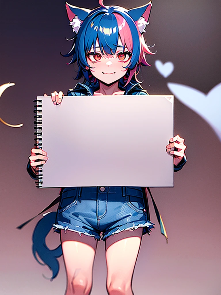 1boy, solo, cat boy, (two tails, blue tails, fluffy tail), solo, short hair, curly hair, brown hair, long bangs, multicolored bangs, (green hair, blue hair, purple hair, red hair, pink hair, blonde bangs), multicolored eyes, (red eyes, yellow eyes), simple shirt, purple shirt, heart shirt, denim jacket, open jacket, denim shorts, white sneakers, candy stickers on jacket, holfing a sketchbook, showing off his sketch, looking at viewer, playful, cheerful, happy, masterpiece, best quality, ultra sharp, 8k, city, puffy clouds, standing, holding, holding something towards viewer, half body,