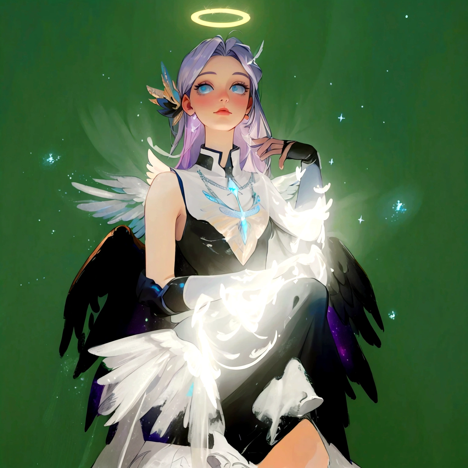 there is a digital painting of a woman dressed in a costume, wearing angel halo, as a mystical valkyrie, angelic halo, wearing angel, angel halo, full - body majestic angel, holy halo, spellcasting pose, glowing holy aura, tron angel, ethereal wings, ethereal aura, astral fairy, possibly an angel, astral witch clothes