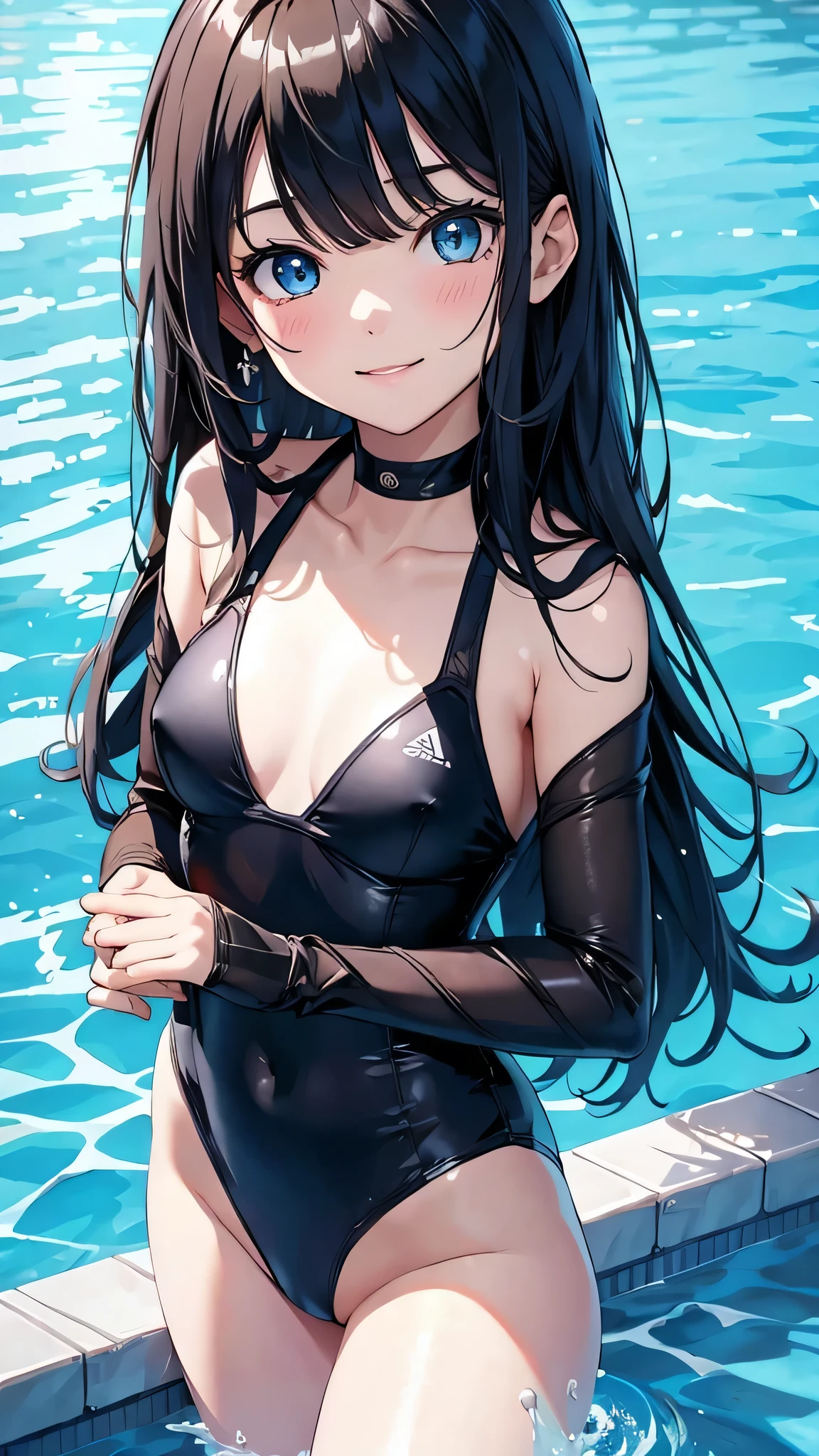 最high quality、Best image quality、masterpiece、With a girl((cute、15 years old、Best Bust、Medium Bust、Bust 85,Beautiful Blue Eyes、Spread your chest wide,Black Hair、Slender、The best valley、、Blue school swimsuit,Show the whole body、Blue Mesh,Leaning forward greatly,smile)）high quality、Beautiful art、background((summertime、Pool facilities、Lots of galleries)),Tabletop、Exquisite design、Visual Arts、Depth of written boundary、Best lighting、Highest detail、8ｋ