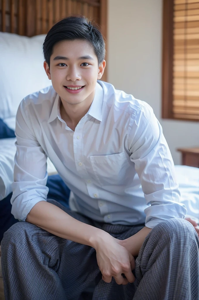 ((Highest quality, 8K, Masterpiece: 1.3))、Thailand Laos Burma Asia, Thai man, A handsome Asian rugby player with short hair, a muscular beard, and big muscles., 1A man who has、 yo、Good appearance、Beautiful nose、smile、 Detailed eyes and face、beautiful light、(studio)、high resolution、(Look at the viewer.)、Fine mouth、smile、whole body: 1.5, perfect shape: 1.3, looking at camera ,Gray button-down shirt , bedroom sunlight looking at the sea