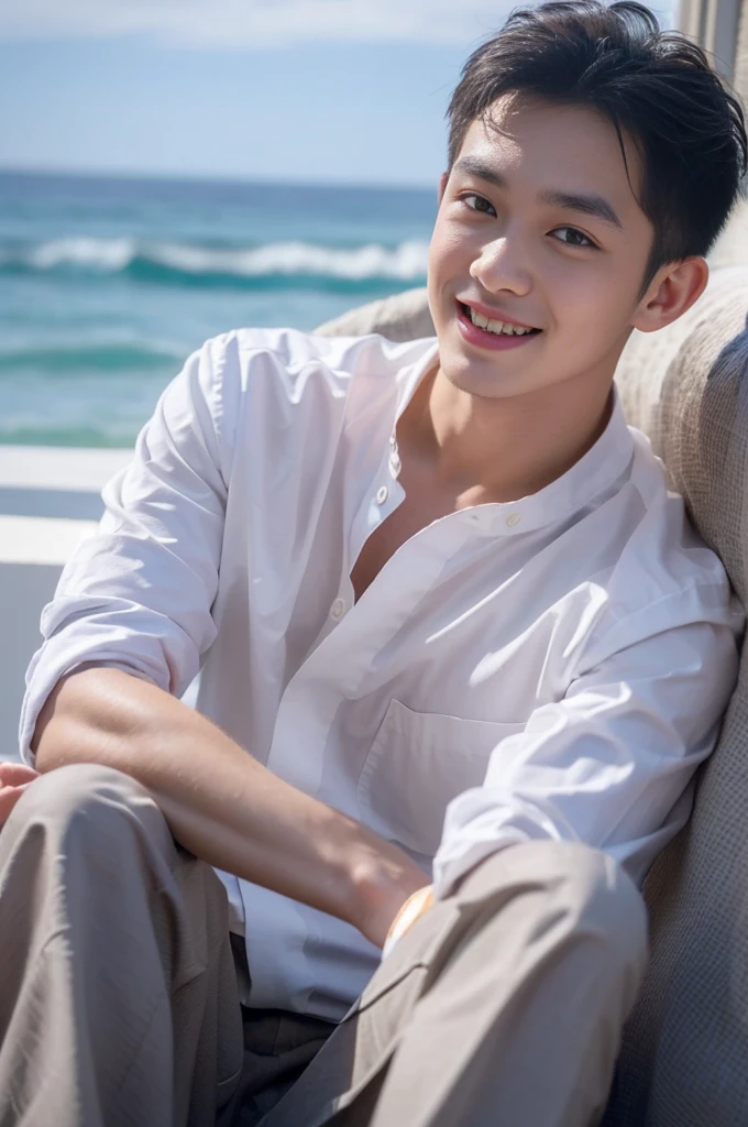 ((Highest quality, 8K, Masterpiece: 1.3))、Thailand Laos Burma Asia, Thai man, A handsome Asian rugby player with short hair, a muscular beard, and big muscles., 1A man who has、 yo、Good appearance、Beautiful nose、smile、 Detailed eyes and face、beautiful light、(studio)、high resolution、(Look at the viewer.)、Fine mouth、smile、whole body: 1.5, perfect shape: 1.3, looking at camera ,Gray button-down shirt , bedroom sunlight looking at the sea
