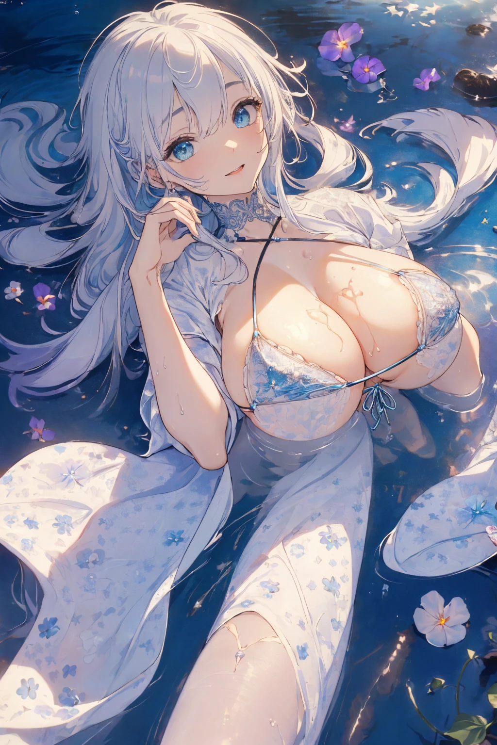 (water photo:1.1, gigantic breast, micro bikini, in blue waterfront garden:1.5), Masterpiece, best quality, (very detailed CG unity 8k wallpaper), (best quality), High definition RAW color art, Animation,sculptures, (black Marble Skin), (((Ultra detailed elegant))), Magical atmosphere, Detailed skin, Texture,(Intricately detailed, Fine detail, ultra-detail art), depth of fields, bokeh, Silky Touch, Hyper Detail, beautiful eyes, Elegant Face, (lying on pastel white waterfront, morning glory), sparkle background, enormous breast:1.3, (silver hair), pastel purple, embarrassing smiley face, wide open udder, overall