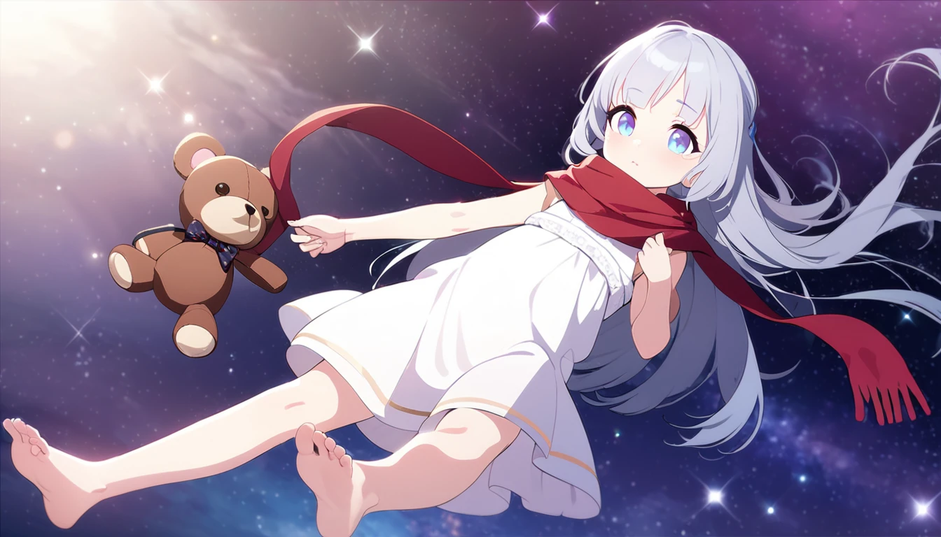 (((masterpiece))), (((best quality))),(((high detail))),light manipulation, girl with long silver hair, gradient purple to sky blue eyes, wearing a white dress, a red scarf, (((loli))), (((child))) , galaxy background, holding a teddy bear, feet, no footwear
