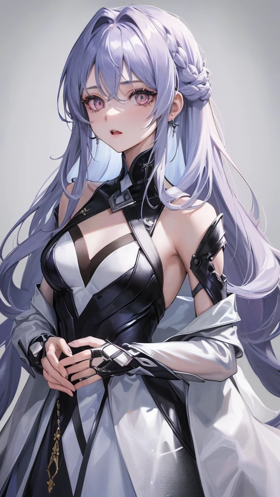 Masterpiece, Highest quality, hairสีน้ำตาล, Silver eyes, parted 前hair, ((24 year old ager)), 1girl, Medium bust, half-body, length_serrated_tangle_hair, serrated_前hair, earring, Simple dark suit, half_body_portrait photography, alone, 1_girl, alone, half body, Cold eyes,eye pattern