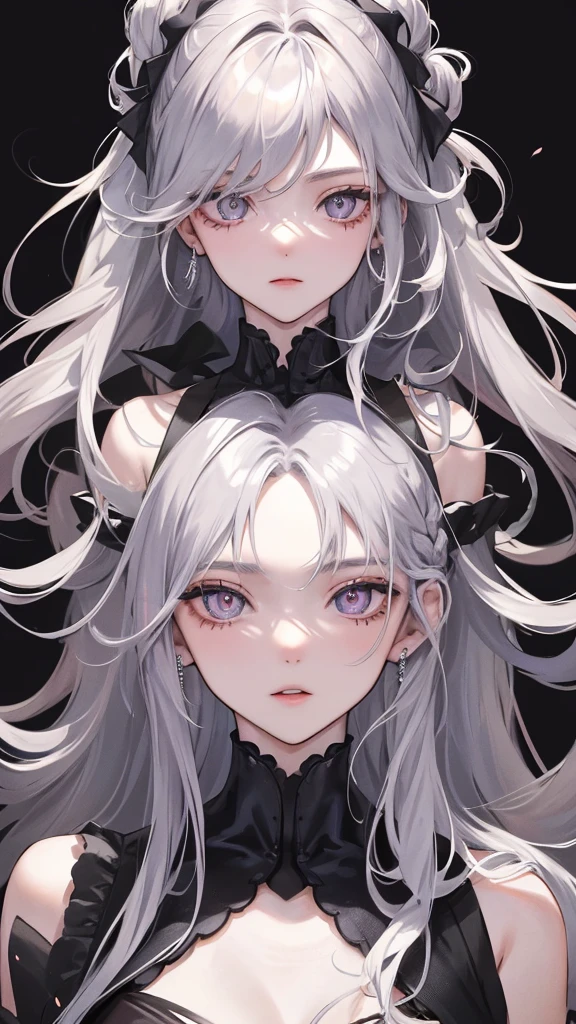 Masterpiece, Highest quality, hairสีน้ำตาล, Silver eyes, parted 前hair, ((24 year old teenager)), 1girl, Medium bust, half-body, length_serrated_tangle_hair, serrated_前hair, earring, Simple dark suit, half_body_portrait photography, alone, 1_girl, alone, half body, Cold eyes,eye pattern