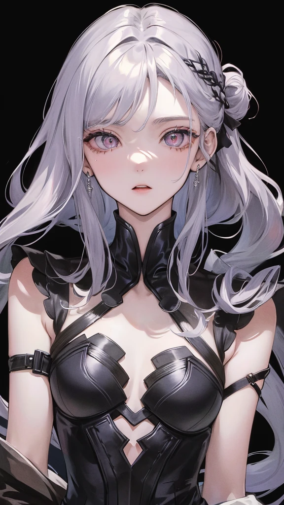  Masterpiece, Highest quality, hairสีน้ำตาล, Silver eyes, parted 前hair, ((24 year old teenager)), 1girl, Medium bust, half-body, length_serrated_tangle_hair, serrated_前hair, earring, Simple dark suit, half_body_portrait photography, alone, 1_girl, alone, half body, Cold eyes,eye pattern