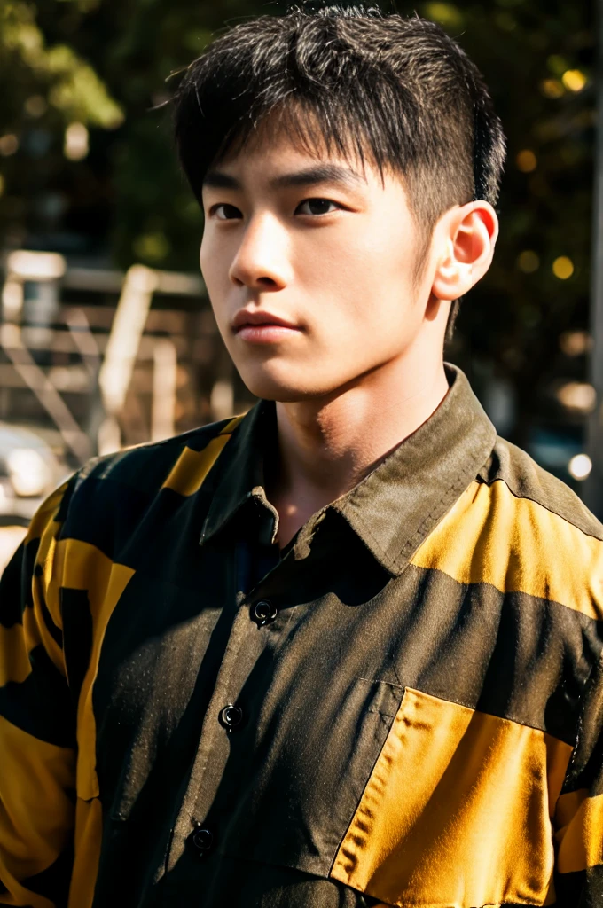 A young Asian man with large muscles looks at the camera. In a dark yellow button-up shirt. , measure , Normal sunlight