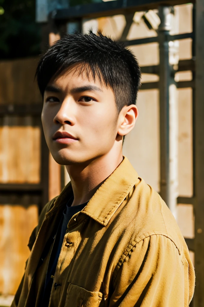 A young Asian man with large muscles looks at the camera. In a dark yellow button-up shirt. , measure , Normal sunlight