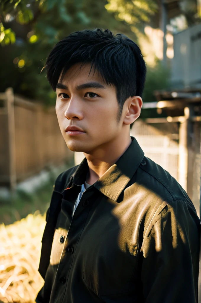 A young Asian man with large muscles looks at the camera. In a dark yellow button-up shirt. , measure , Normal sunlight