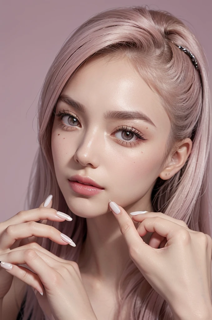 A close-up portrait of a woman in a salon setting, focusing on her hair, eyelashes, and eyebrows. She has dusty pink nail polish on her nails, which are clearly visible as her hand gently touches her cheek. Her hand is elegantly positioned with well-defined fingers and nails. The background is pure white, creating a clea