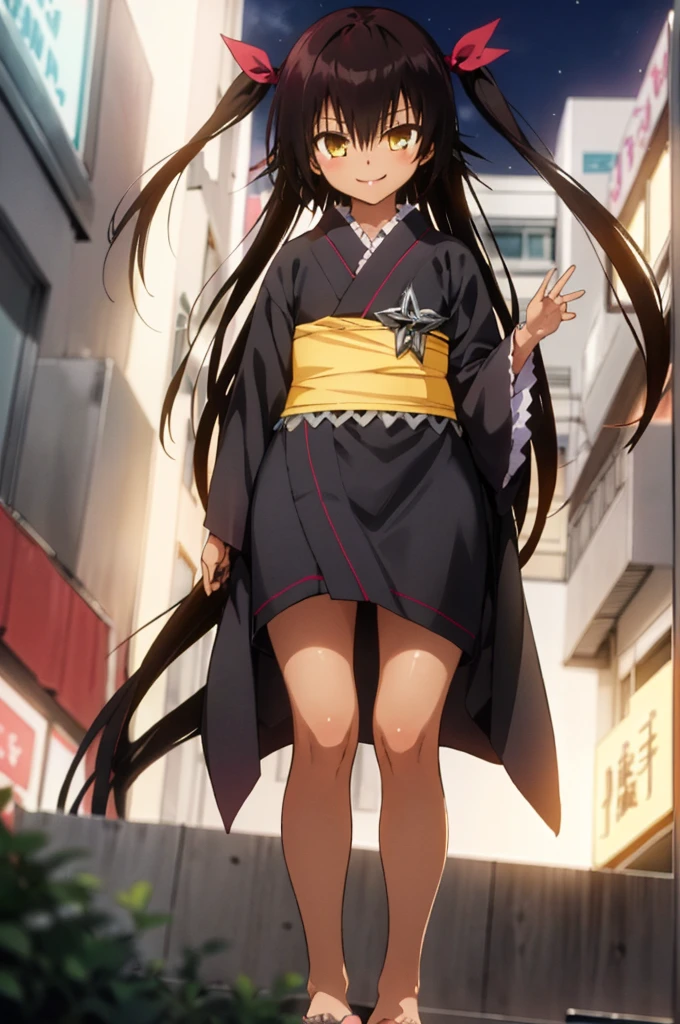 1girl, aster nemesis, dark-skinned female, black hair, very long hair, yellow eyes, flat chest kimono, obi, ribbon, twin tails, looking at viewer, outdoors, city, night, smile, ,standing,(((from below))),bare foot,((nsfw)),close up