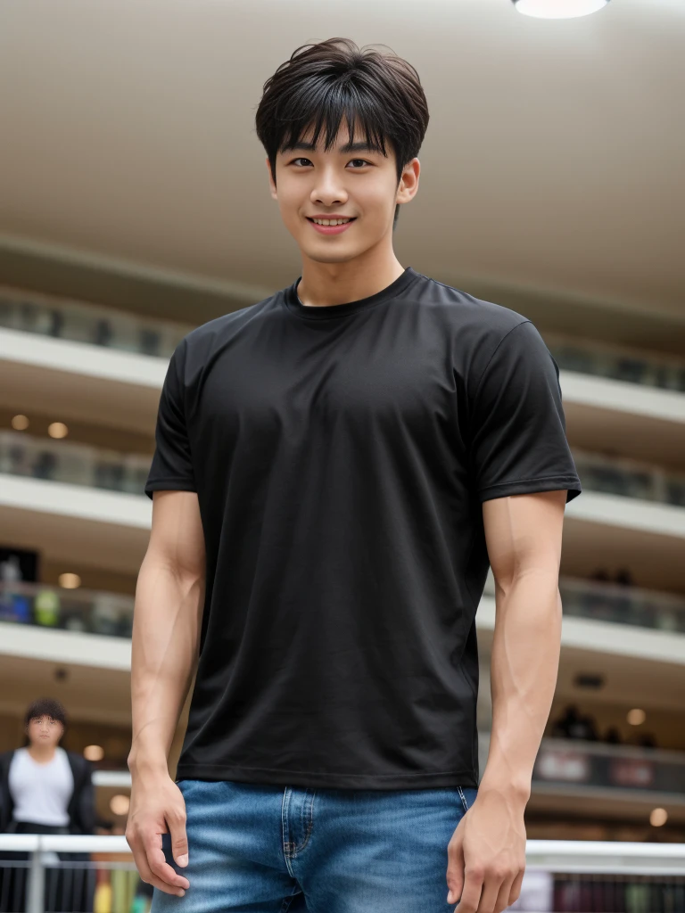 独奏: 1.5, (As a matter of fact, Masterpiece, 8k HD, good light quality, sportswear, fit the face, complicated details), A handsome Korean young man with muscular arms. , 20 years old, be happy, smile brightly, detailed face, delicate eyes, look at the sky, Wear a tight black t-shirt.:1.6 ,Wear a denim coat., jeans period, black eyes, Black hair color, ผมsmooth, smooth，Surreal，Awesome details，Highest quality，real，Open your mouth to talk. , Close your eyes., (standing in department store:1.5)