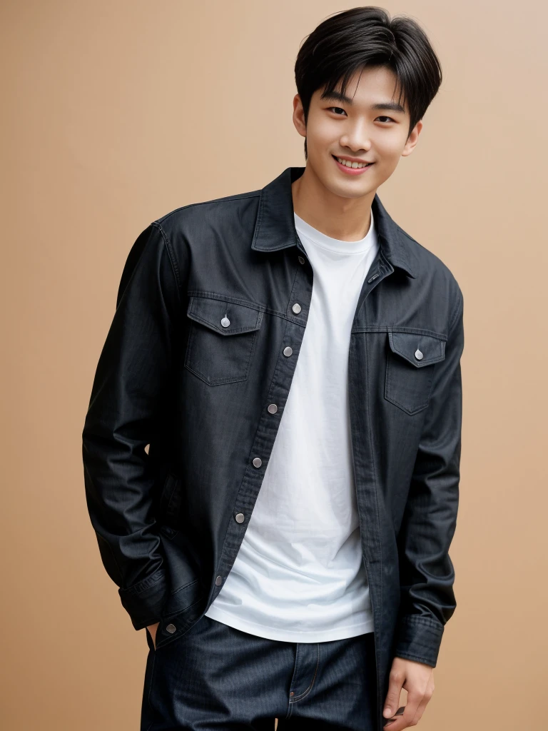 独奏: 1.5, (As a matter of fact, Masterpiece, 8k HD, good light quality, sportswear, fit the face, complicated details), A handsome Korean young man with muscular arms. , 20 years old, be happy, smile brightly, detailed face, delicate eyes, look at the sky, Wear a tight black t-shirt.:1.6 ,Wear a denim coat., jeans period, black eyes, Black hair color, ผมsmooth, smooth,Surreal,Awesome details,Highest quality,real,Open your mouth to talk. , Close your eyes., (standing in department store:1.5)