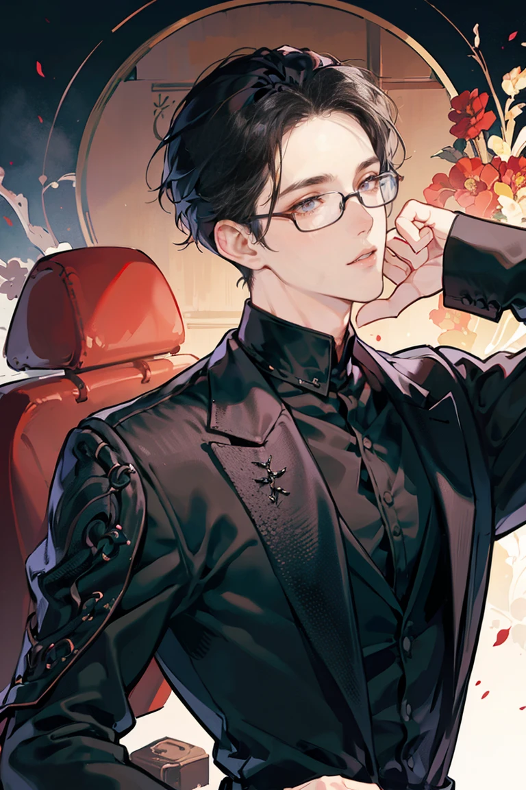 (masterpiece), best quality, seductive eyes, mature but pretty face, prince-like face, handsome man, red eyes, slicked back haircut, short length black hair, black shirt, black pants, close up view, broad shoulders, anime cover, 1boy, masculine, glasses
