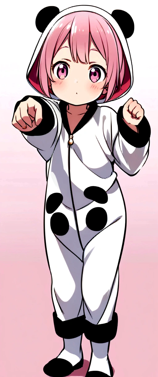 anime、A wearing a panda costume、Pink Hair、Pink Eyes、Cute pose
