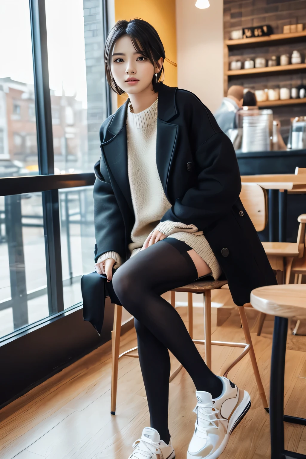 high quality,16K:1.1),(,  women sitting on chairs in a coffee shop）（Full Body Shot:1.2),Black Hair、Short Haircut、ear piercing、smile、Beautiful teeth alignment、((coat、sweater、Knee-length skirt、tights、sneakers)), ,(View your audience:1.3),Coffee shop in the background
