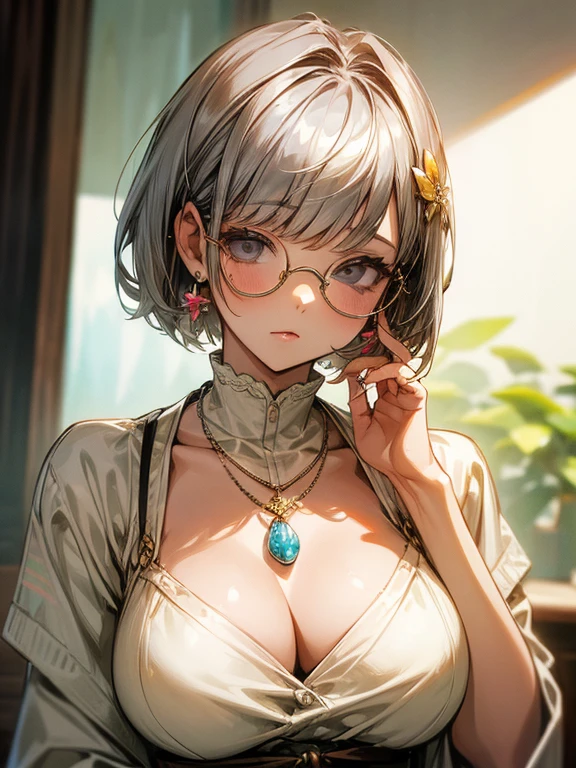 (masterpiece:1.2), Highest quality,sexy,Big Breasts, alone, Colored glasses, jewelry, hair ornaments, View your viewers,One girl, short hair,Earrings, whole body, hair 花, Colored glasses, sunglasses, necklace, bangs, Gray Hair, Round Glasses, Earrings