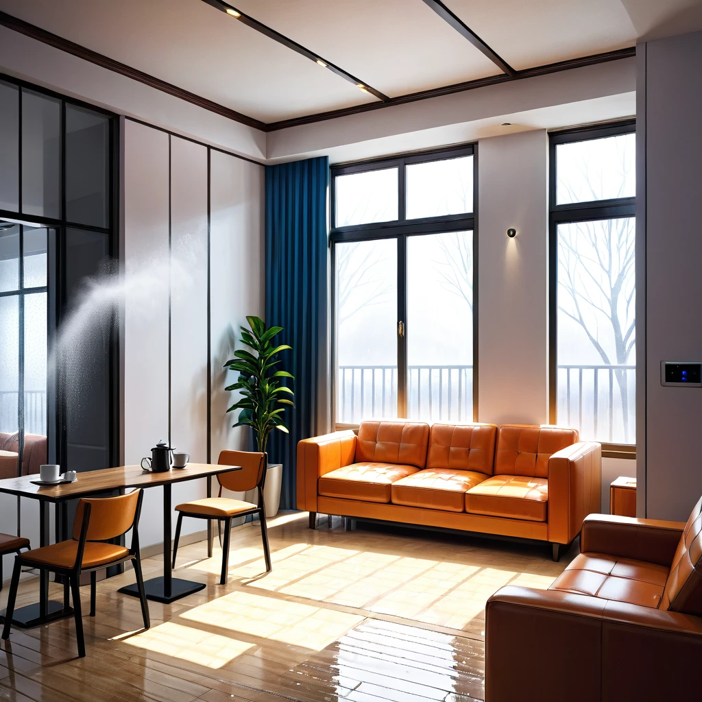 {
  "prompt": "A room cooled by an air conditioner, with visible cool air flow coming from the unit. The room has a comfortable and refreshing atmosphere, with condensation on the windows indicating the cold temperature inside. Furniture includes a comfortable sofa, a coffe
