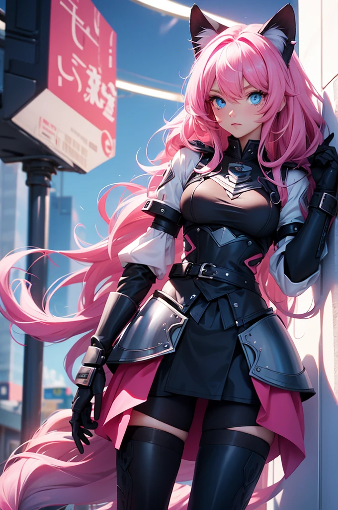  two toned hair, top pink hair, bottom black hair, cat girls, blue eyes, long wavy hair,, cat girl, blue eyes, armor