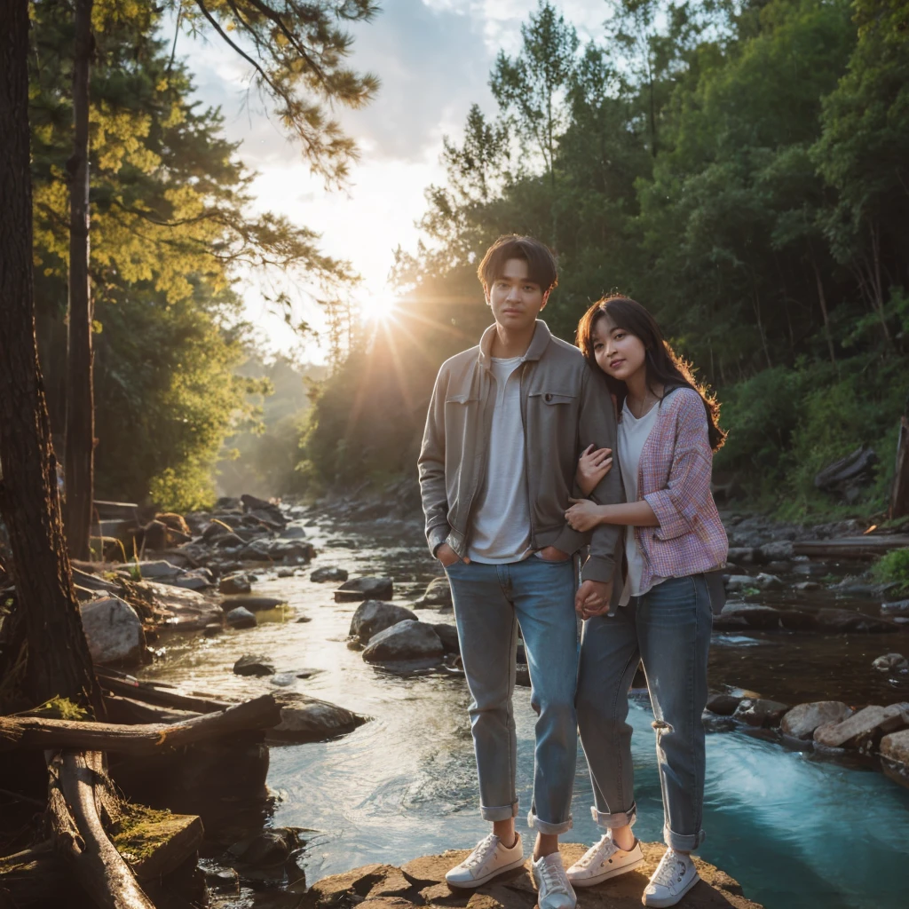 "A 17-year-old Korean woman, crying, caught in the rain with wet clothes, wearing a lingerie, being grabbed from behind by a 40-year-old Indonesian man with a creepy smile wearing shorts, shirtless. The background shows a forest scene with tall trees, realistic."