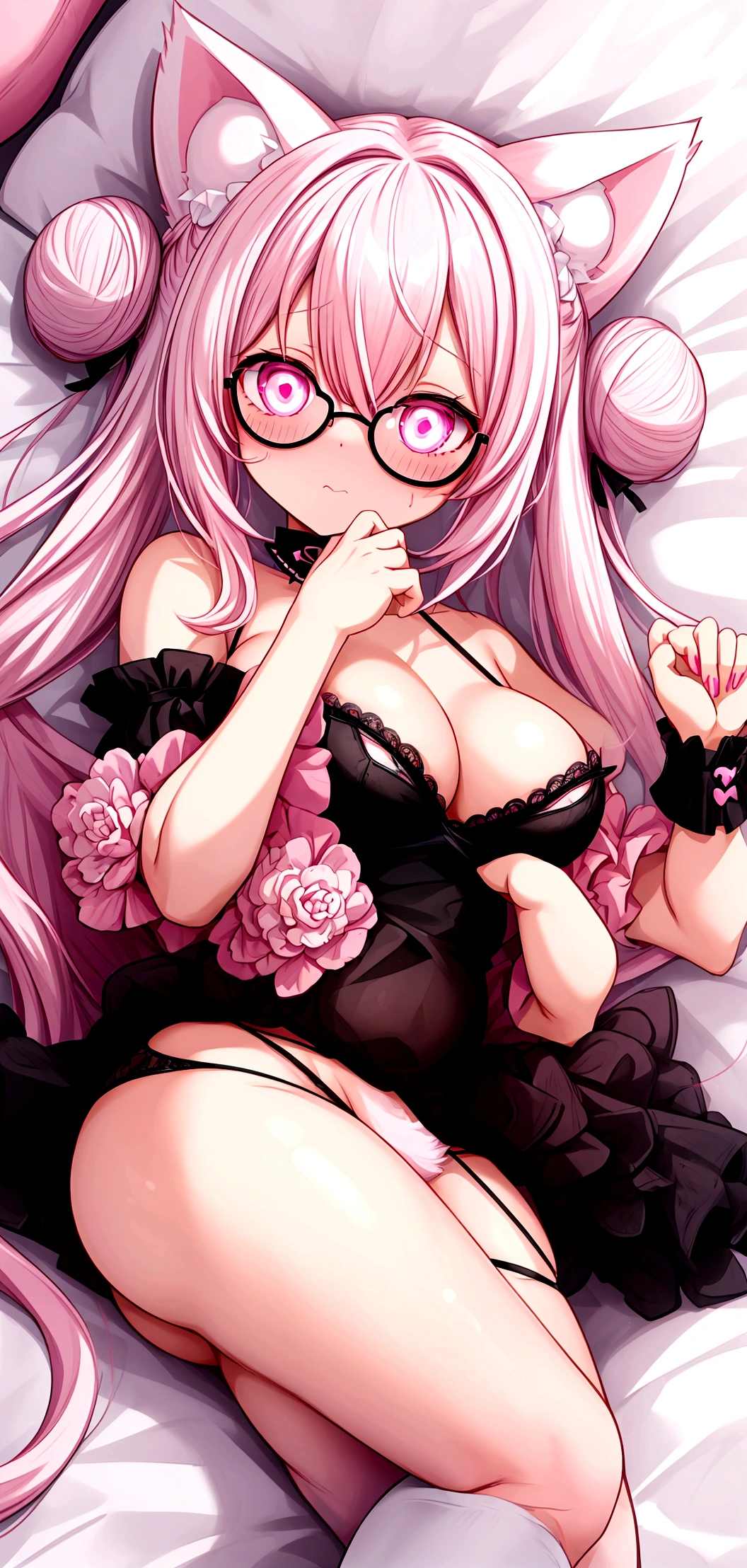 I have white pink hair, cat ears, a bun, my face is super blushing, black glasses, pink heart eyes and if you could, in lingerie, black stockings, a cat&#39;s tail, a very shy girl, you are lying on Your bed