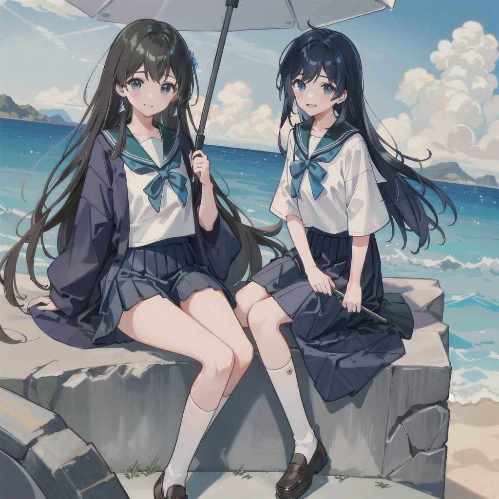 ((最high quality, 8K, masterpiece: 1.3, Ultra HD, high quality, 最high quality, High resolution, realism)) 、Two Girls、Very beautiful 18 year old Japanese schoolgirl、I'm wearing a sailor suit、Wearing a navy blue pleated skirt、Wear loafers、Hair  is light brown、black eye、Medium Hair、Straight hair、smile、sit on a high breakwater on the beach、The blue sky is beautiful、There is a road in front of the breakwater..、The sea is beautiful、Beautiful horizon、 An island is visible offshore、Entering the clouds above the horizon、Island Lighthouse