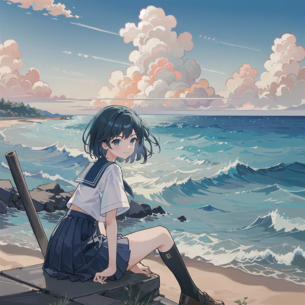 ((最high quality, 8K, masterpiece: 1.3, Ultra HD, high quality, 最high quality, High resolution, realism)) 、Two Girls、Very beautiful 18 year old Japanese schoolgirl、I'm wearing a sailor suit、Wearing a navy blue pleated skirt、Wear loafers、Hair  is light brown、black eye、Medium Hair、Straight hair、smile、sit on a high breakwater on the beach、The blue sky is beautiful、There is a road in front of the breakwater..、The sea is beautiful、Beautiful horizon、 An island is visible offshore、Entering the clouds above the horizon、Island Lighthouse