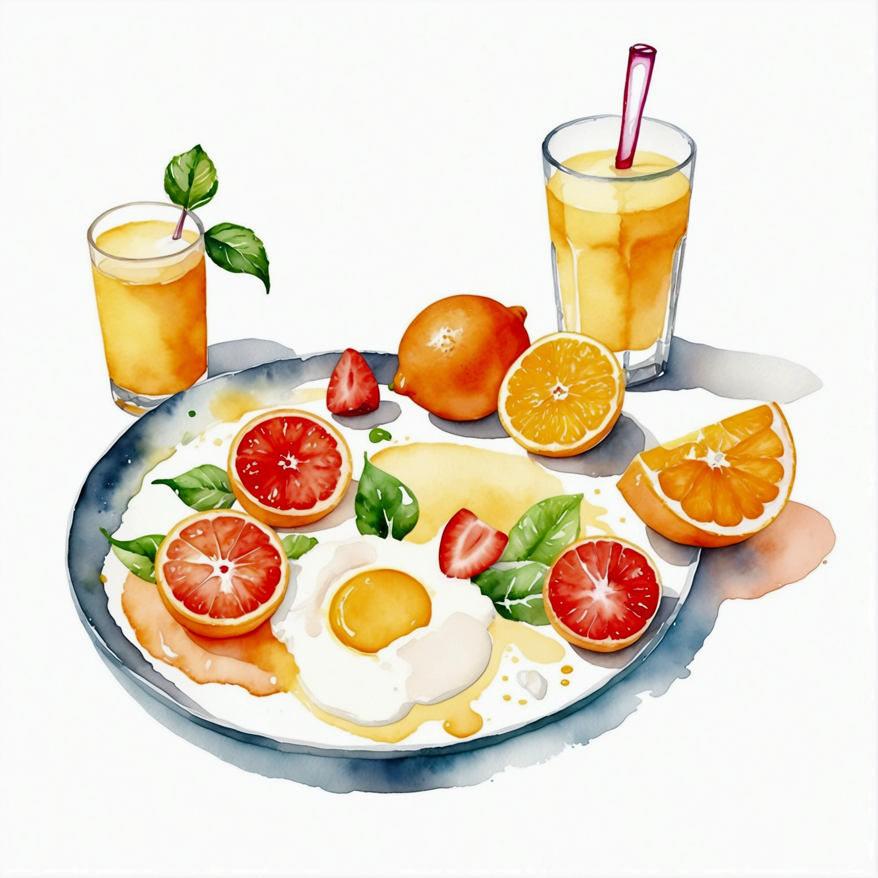 a very clean image painting of a healthy breakfast meal, with a glass of milk , orange juice, ((watercolor)), solid white background, center composition, negative space around the object, washed out color, detailed masterpiece, loose drawing, clipart, vector art, illustration