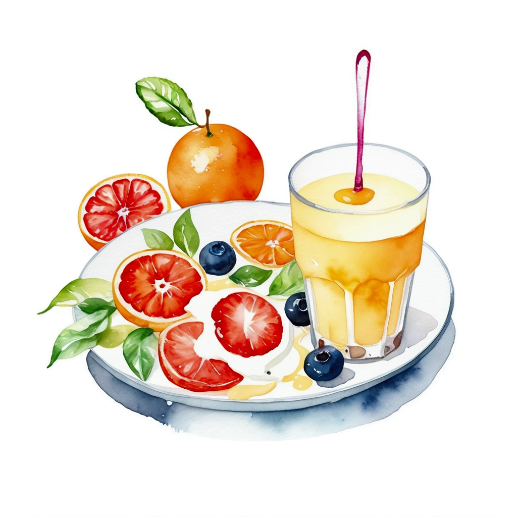 a very clean image painting of a healthy breakfast meal, with a glass of milk , orange juice, ((watercolor)), solid white background, center composition, negative space around the object, washed out color, detailed masterpiece, loose drawing, clipart, vector art, illustration
