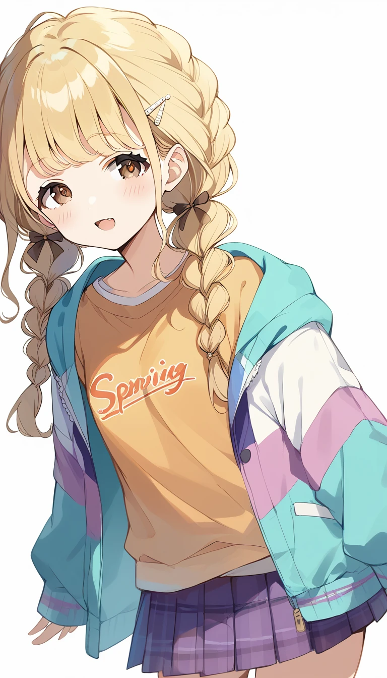 score_9, score_8_up, score_7_up, source_anime, rating_safe, kotone-default,fujita kotone,brown eyes, blonde hair,twin braids,hair ornament,(white hairclip:0.8), multicolored hoodie,sleeves past wrists,orange shirt,pleated skirt,plaid skirt, heart eyes,open mouth,dutch angle,small breast ,blush,beautiful face,beautiful eyes,details eyes,white background 