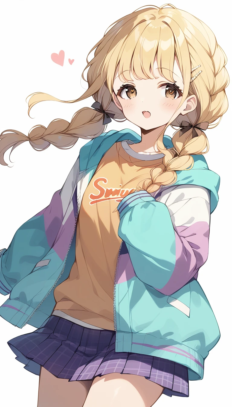 score_9, score_8_up, score_7_up, source_anime, rating_safe, kotone-default,fujita kotone,brown eyes, blonde hair,twin braids,hair ornament,(white hairclip:0.8), multicolored hoodie,sleeves past wrists,orange shirt,pleated skirt,plaid skirt, heart eyes,open mouth,dutch angle,small breast ,blush,beautiful face,beautiful eyes,details eyes,white background 