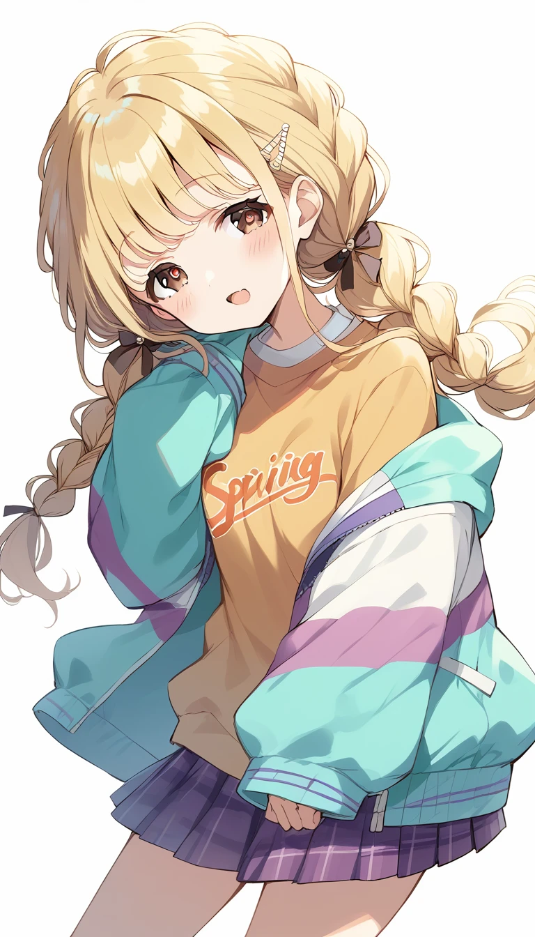 score_9, score_8_up, score_7_up, source_anime, rating_safe, kotone-default,fujita kotone,brown eyes, blonde hair,twin braids,hair ornament,(white hairclip:0.8), multicolored hoodie,sleeves past wrists,orange shirt,pleated skirt,plaid skirt, heart eyes,open mouth,dutch angle,small breast ,blush,beautiful face,beautiful eyes,details eyes,white background 