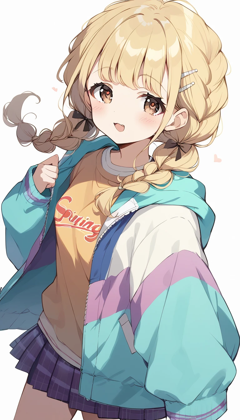 score_9, score_8_up, score_7_up, source_anime, rating_safe, kotone-default,fujita kotone,brown eyes, blonde hair,twin braids,hair ornament,(white hairclip:0.8), multicolored hoodie,sleeves past wrists,orange shirt,pleated skirt,plaid skirt, heart eyes,open mouth,dutch angle,small breast ,blush,beautiful face,beautiful eyes,details eyes,white background 