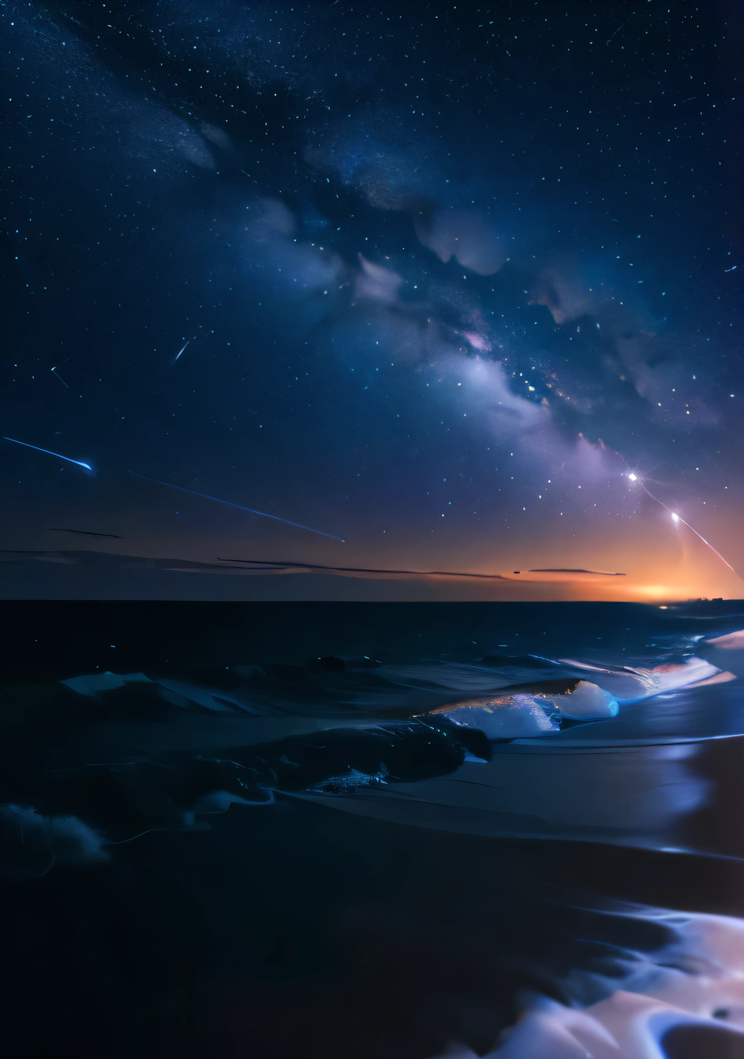 (bright moonless midnight:1.2),(shining night sky:1.3), calm beach with white waves without city lights, star-filled sky, night with falling meteors, starry sky reflected in the sea, brightly shining galaxies in the night sky, one big comet crossing the night sky.