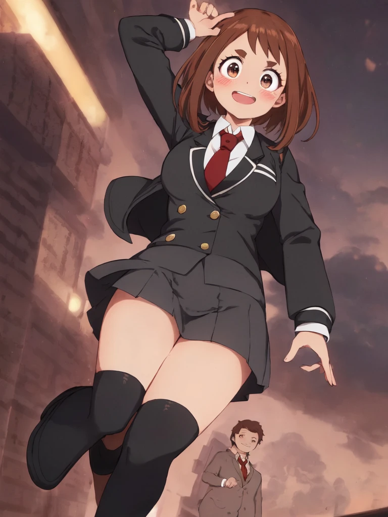 uraraka_ochako boku no hero academia 1girl, thick_eyebrows blush_stickers, brown_hair, brown_eyes, short_hair, sideburns,  medium breasts skindantation smile  :D blush ,black stocking:1.5 skirt suit, (((three-piece suit))), (((dress shirt))), (((necktie))), (((blazer))), (((suit jacket))), (waistcoat), double-breasted waistcoat, (((bodycon miniskirt))), stockings, pocket square, cufflinks,