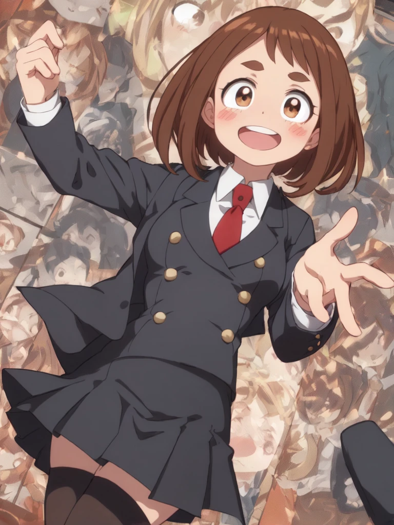 uraraka_ochako boku no hero academia 1girl, thick_eyebrows blush_stickers, brown_hair, brown_eyes, short_hair, sideburns,  medium breasts skindantation smile  :D blush ,black stocking:1.5 skirt suit, (((three-piece suit))), (((dress shirt))), (((necktie))), (((blazer))), (((suit jacket))), (waistcoat), double-breasted waistcoat, (((bodycon miniskirt))), stockings, pocket square, cufflinks,