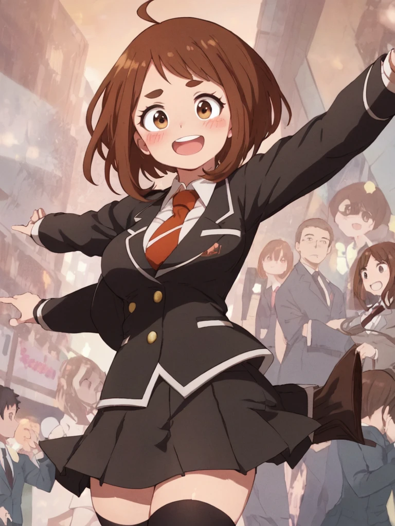 uraraka_ochako boku no hero academia 1girl, thick_eyebrows blush_stickers, brown_hair, brown_eyes, short_hair, sideburns,  medium breasts skindantation smile  :D blush ,black stocking:1.5 skirt suit, (((three-piece suit))), (((dress shirt))), (((necktie))), (((blazer))), (((suit jacket))), (waistcoat), double-breasted waistcoat, (((bodycon miniskirt))), stockings, pocket square, cufflinks,