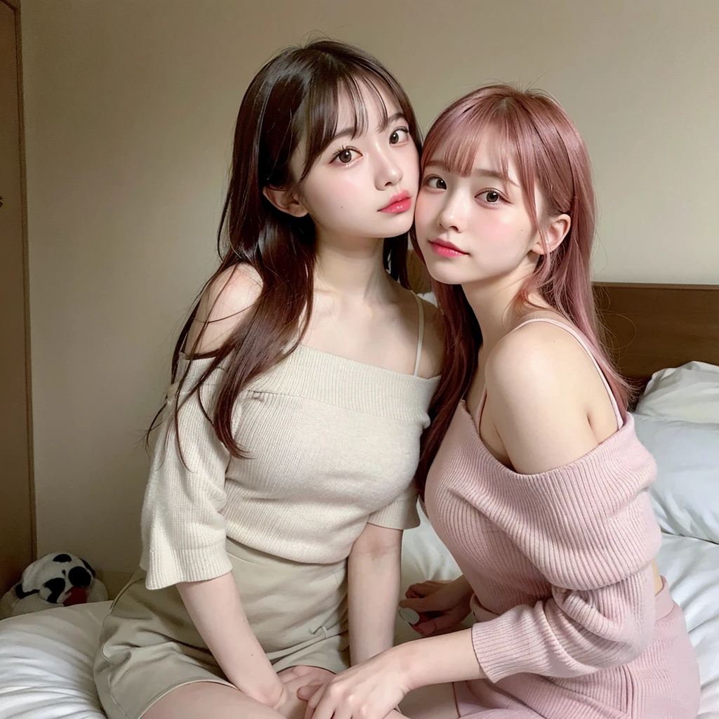 Two beautiful girls,high resolution, Top quality, Perfect dynamic composition, Off-shoulder,miniskirt,Pink Hair,on the bed,Braiding,High School Students,kiss