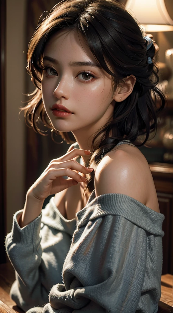 Best quality, masterpiece, ultra high res, (photorealistic:1.4), raw photo, 1girl, off shoulder, cinematic lighting
