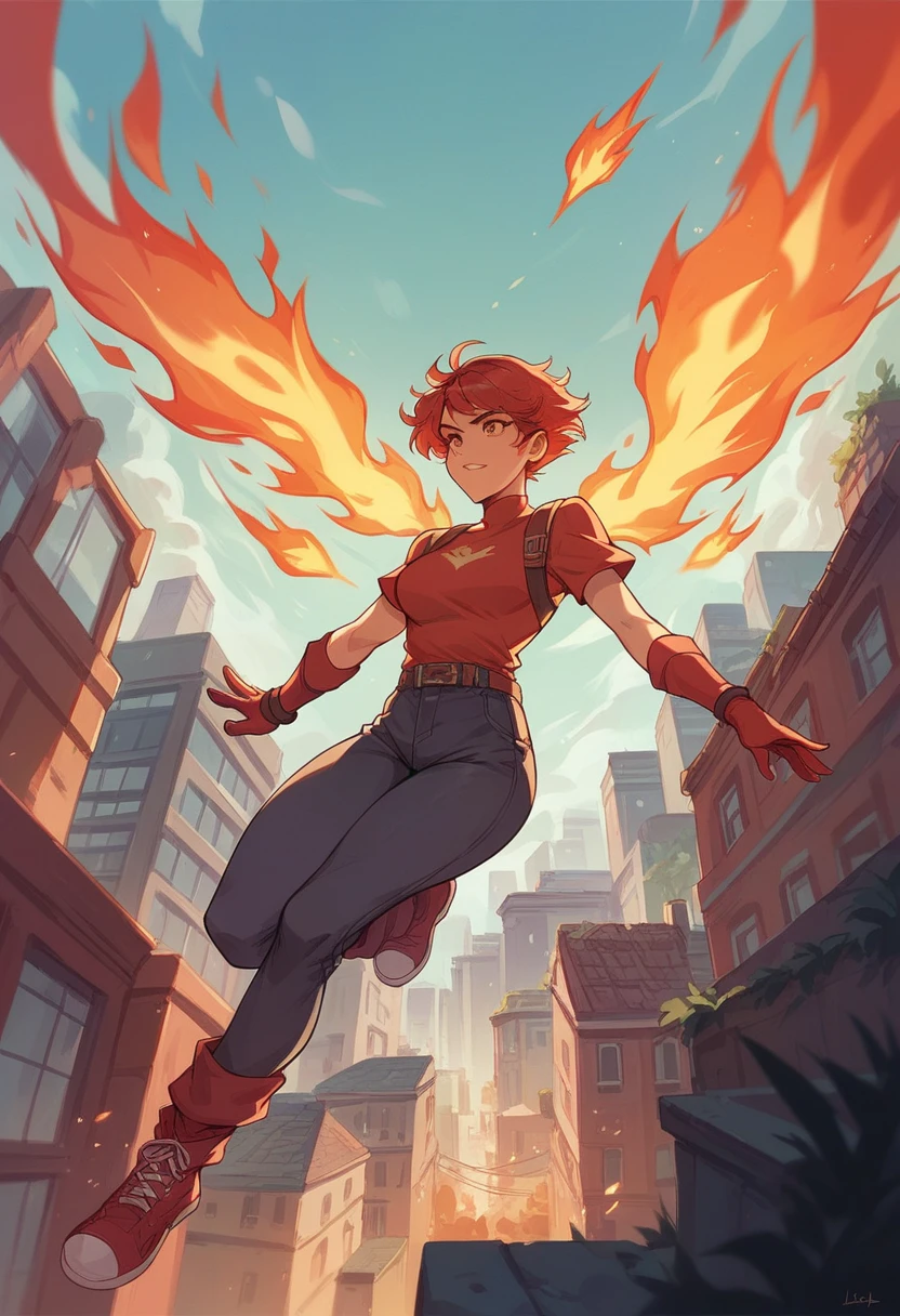 woman,Lina, short hair, Flying over the city, fire, Red glow