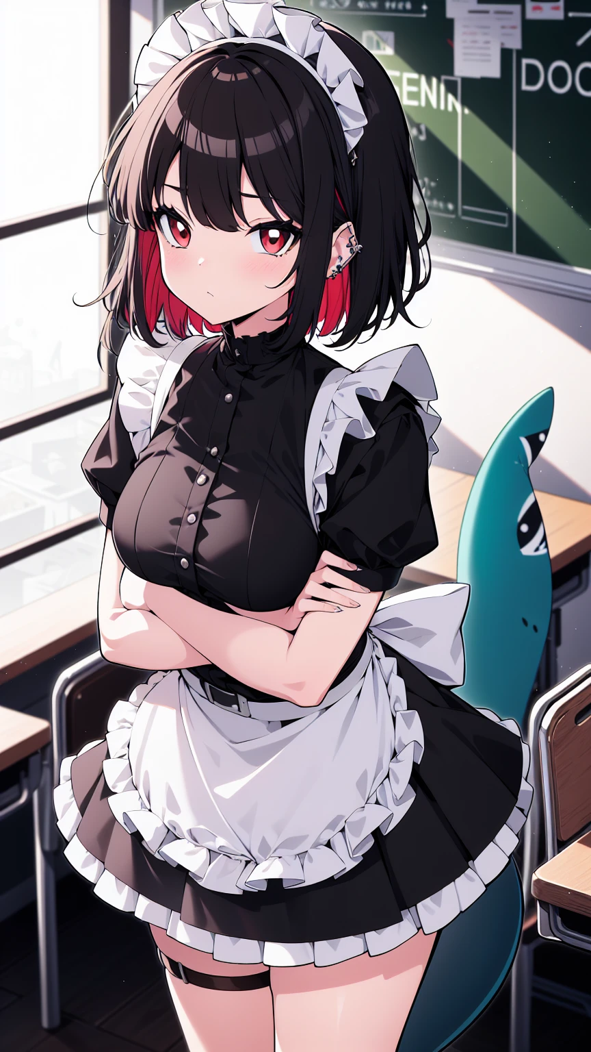 (cowboy shot),(ultra-high resolution, depth of field:1.2),Zenless Zone Zero,(Elen Joe:1.1),1woman,mature,black hair,short hair,inner color hair,(red eyes),medium breasts,crossed arms,maid dress,shark tail,maid apron,maid headdress,piercing,short sleeves,in classroom