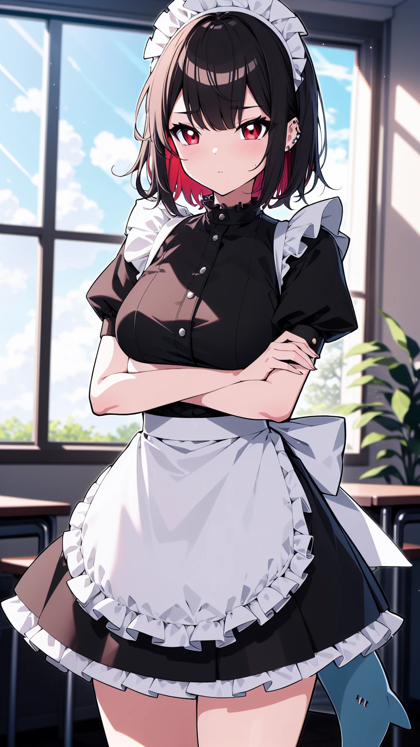 (cowboy shot),(ultra-high resolution, depth of field:1.2),Zenless Zone Zero,(Elen Joe:1.1),1woman,mature,black hair,short hair,inner color hair,(red eyes),medium breasts,crossed arms,maid dress,shark tail,maid apron,maid headdress,piercing,short sleeves,in classroom