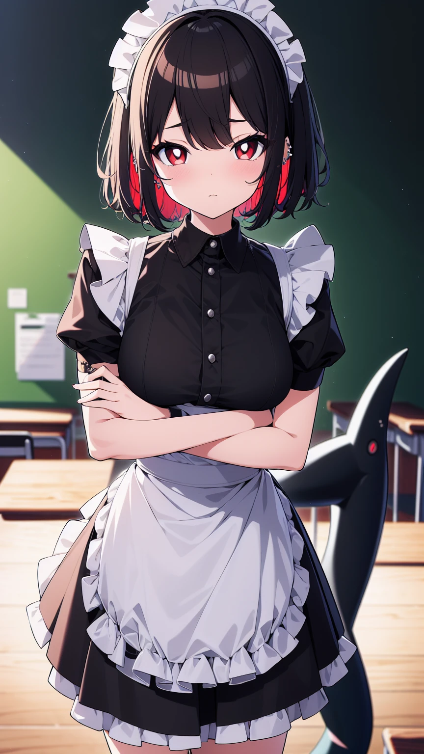 (cowboy shot),(ultra-high resolution, depth of field:1.2),Zenless Zone Zero,(Elen Joe:1.1),1woman,mature,black hair,short hair,inner color hair,(red eyes),medium breasts,crossed arms,maid dress,shark tail,maid apron,maid headdress,piercing,short sleeves,in classroom