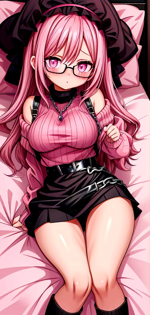 pink hair black glasses pink eyes extremely blushing a large pink sweater short black skirt at the waist chains black stockings that she is a reserved girl her bed that she is on her knees touching her butt