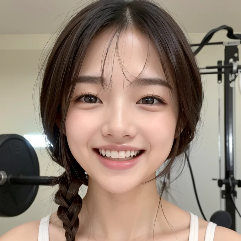 ((Highest quality)), ((masterpiece)), (detailed), One person(Highest quality, 8K, 32k, masterpiece, Ultra-high resolution:1.2),Beautiful Japanese Women Photos、Group of 2、healthy、Glowing Skin, Shallow depth of field、Contrasting、Professional Model、looking forward to it、Overbyte、mouth half open、blush:2.5、Random hairstyles for short hair、Black Hair、Face close-up、Portraiture、Teeth are visible、Big Mouth、Droopy eyes、Round face、Multiple moles、Fair skin、Active 24 year old、Brown eyes、Big smile、Gym、exercise、trainer、During training、The machine is reflected