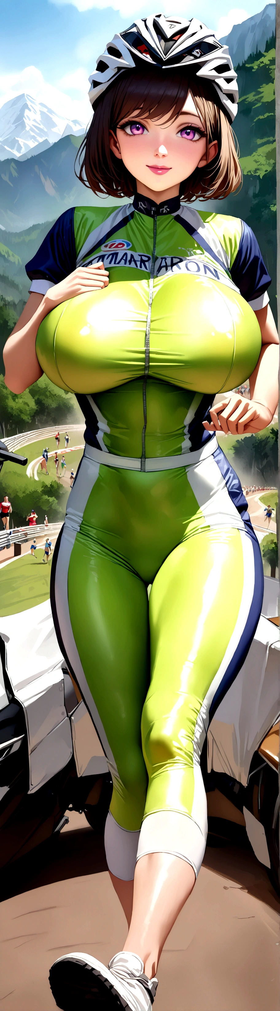 (8K、ultra high resolution、highest quality、masterpiece、realistic、ultra high resolution:1.2)、High-definition RAW color photo、professional photos、 (whole body:0.8)、(realistic、photo realistic、motion blur:1.2)、(Must have big breasts、pretty big breasts、Always hide all breasts、toned body:1.2)、((Always colorful and very shiny bike racing uniform、Beautiful female marathon runner who always runs dynamically:1.3))(Bright colors、vivid lighting、scenic mountain area、smooth running、:1.2)(draw diagonally from below、natural skin texture、fine skin、hyper realism、intricate details、Depth of the bounds written、adult woman、(masterpiece、highest quality、high detail))、cute smile、Big eyes、Clear double eyelids、perfect face、small face、Helmet(look at the viewer、eye highlights、lip gloss、black short bob)