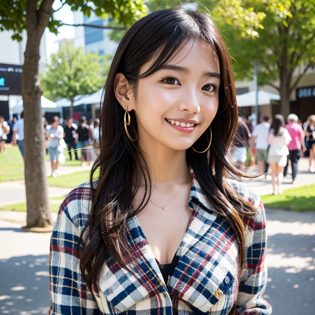 Highest quality,a girl, one girl,solo focus,raw photo,bloom,4K,8K,Realistic,whole body,Japanese women,一人のJapanese women,28 years old,Clear,kind,Beautiful eyes,smile,nice style,smile,teeth,lomg brown hair,Large Breasts,healthy,positive,Very detailed,plaid shirt,Earrings,The background is the festival venue.