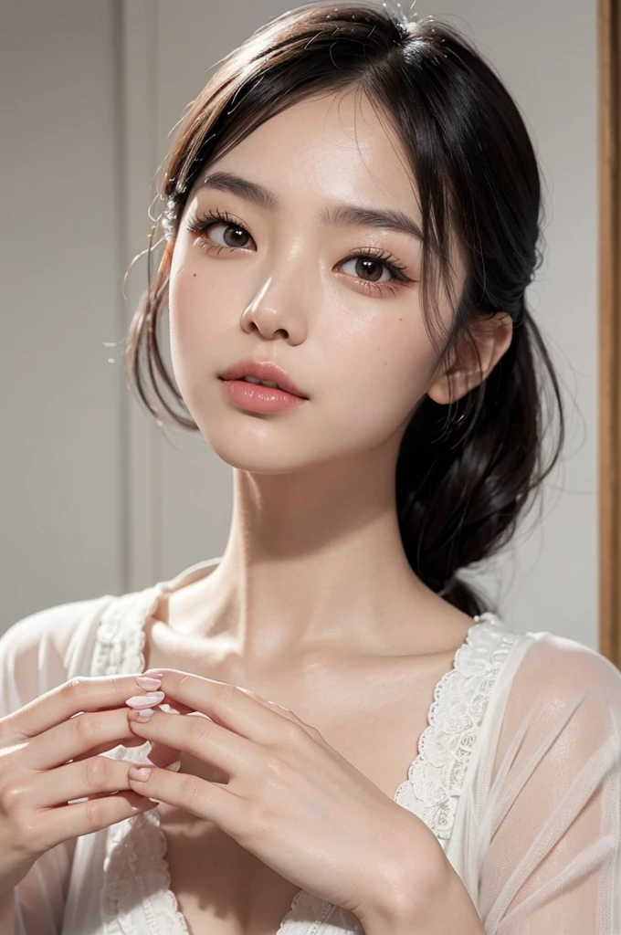 (Tabletop, Highest quality:1.4), Beautiful Face, 8k, 85mm, Absurd, ((Dark hotel bedroom))、(Wearing a thick white bathrobe:1.4), ((Cowboy Shot:1.5))、((Shooting from below:1.4))、((violet, Gardenia Full Nude:1.4)))、((very good:1.4))、((Not wearing panties:1.4)))、(((No underwear:1.4)))、((Detailed female genitalia:1.4))、(((pubic hair:1.4)))、((Beautiful breasts:1.4))、Delicate girl, alone,(((Ponytail Hair:1.5)))、night, View your audience, Upper Body, Film Grain, chromatic aberration, Sharp focus, Face Light, Professional Lighting, Sophisticated, ((Sit on the bed:1.4))、((Woman looking down and crying:1.4)), ( background, Bokeh background:1.2), detailed aspects、Camel Toe