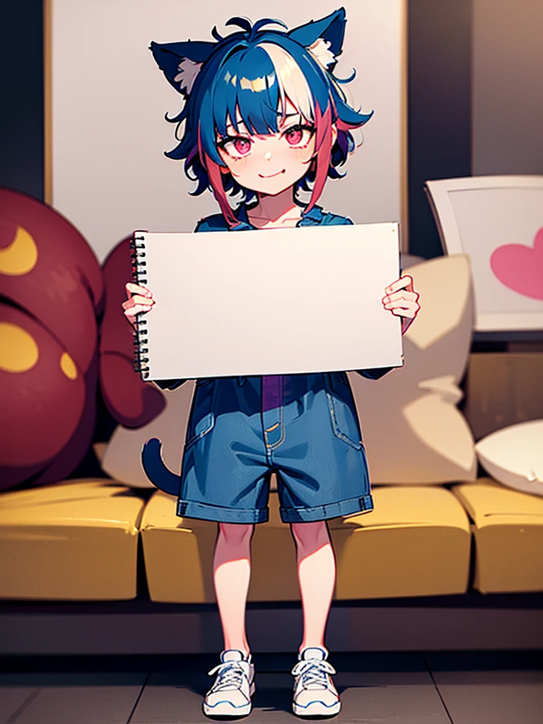 1boy, solo, cat boy, (two tails, blue tails, fluffy tail), solo, short hair, curly hair, brown hair, long bangs, multicolored bangs, (green hair, blue hair, purple hair, red hair, pink hair, blonde bangs), multicolored eyes, (red eyes, yellow eyes), simple shirt, purple shirt, heart shirt, denim jacket, open jacket, denim shorts, white sneakers, candy stickers on jacket, holfing a sketchbook, showing off his sketch, looking at viewer, playful, cheerful, happy, masterpiece, best quality, ultra sharp, 8k, city, puffy clouds, standing, holding, holding something towards viewer, half body, single sign, drawing